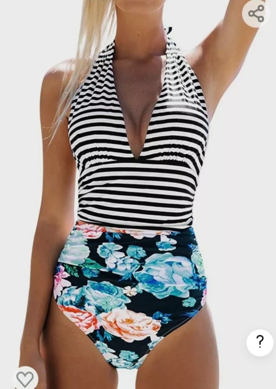 CUPSHE Women's One Pc Swimsuit Halter Plunge Neck Ruched Tummy Control Bathing M